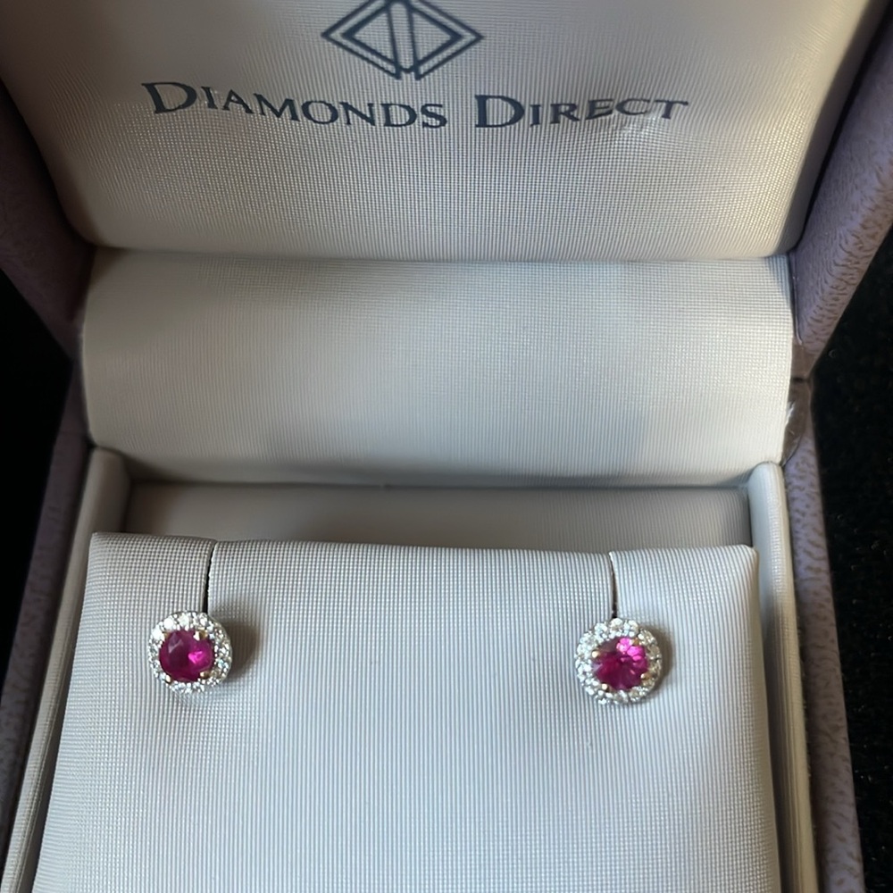 New Genuine Ruby and Diamonds 14K WHITE Gold Stud Earrings